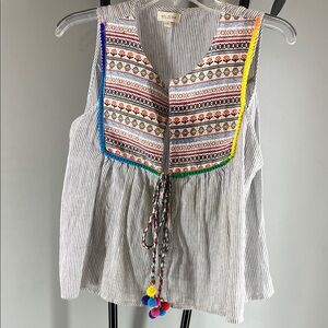 Velzera White Striped Sleeveless Top with Colorful Embroidered Bib